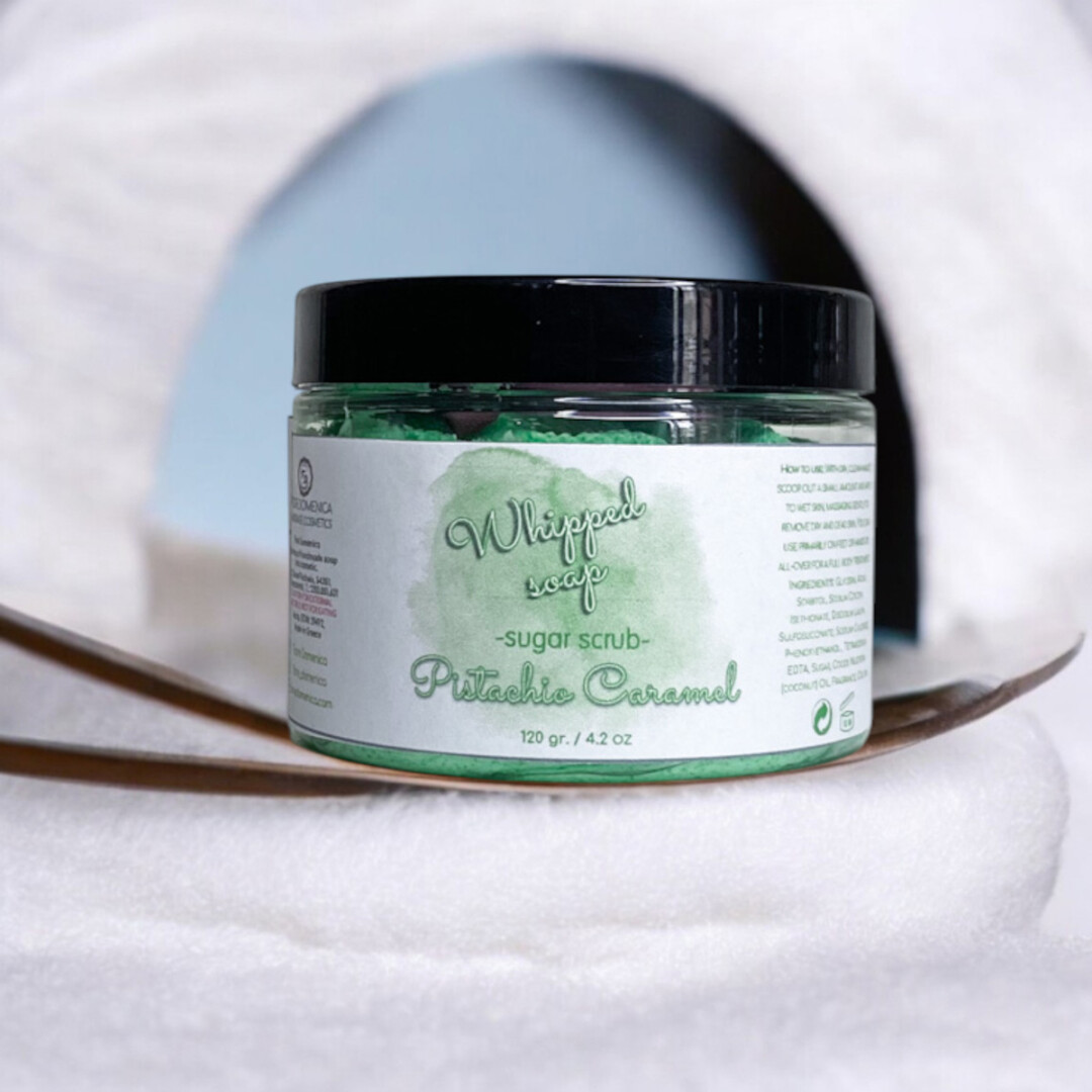 Whipped sugar scrub Pistachio Caramel, πίλινγκ σώματος με ζάχαρη.