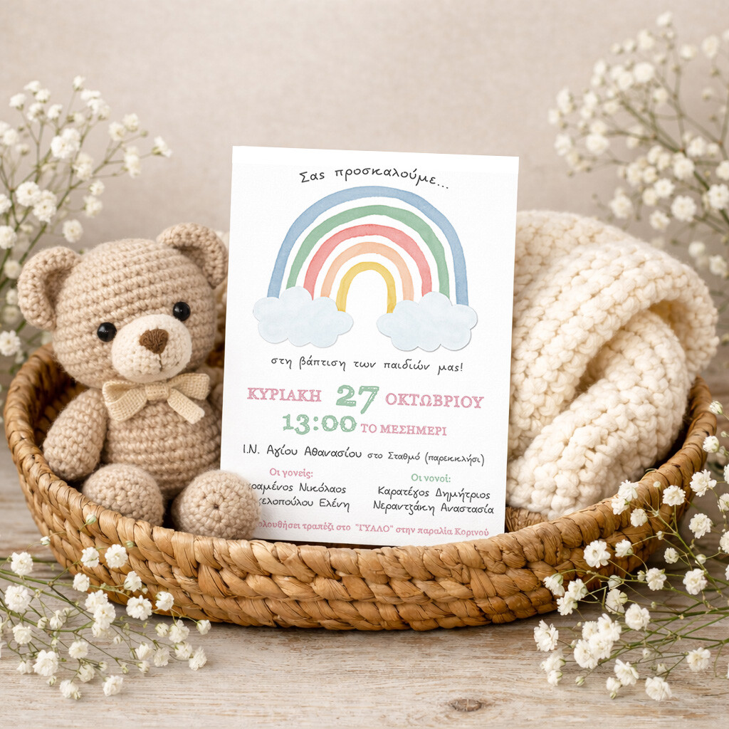Προσκλητήριο βάπτισης διδύμων Ουράνιο Τόξο