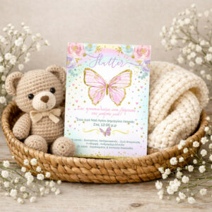 Προσκλητήριο βάπτισης κοριτσιού Πεταλούδα