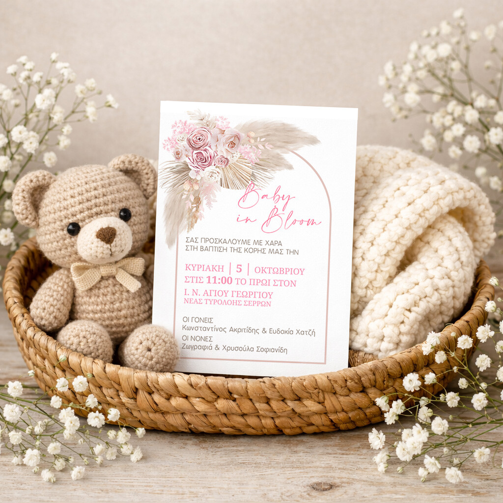 Προσκλητήριο βάπτισης κοριτσιού Boho Λουλούδια