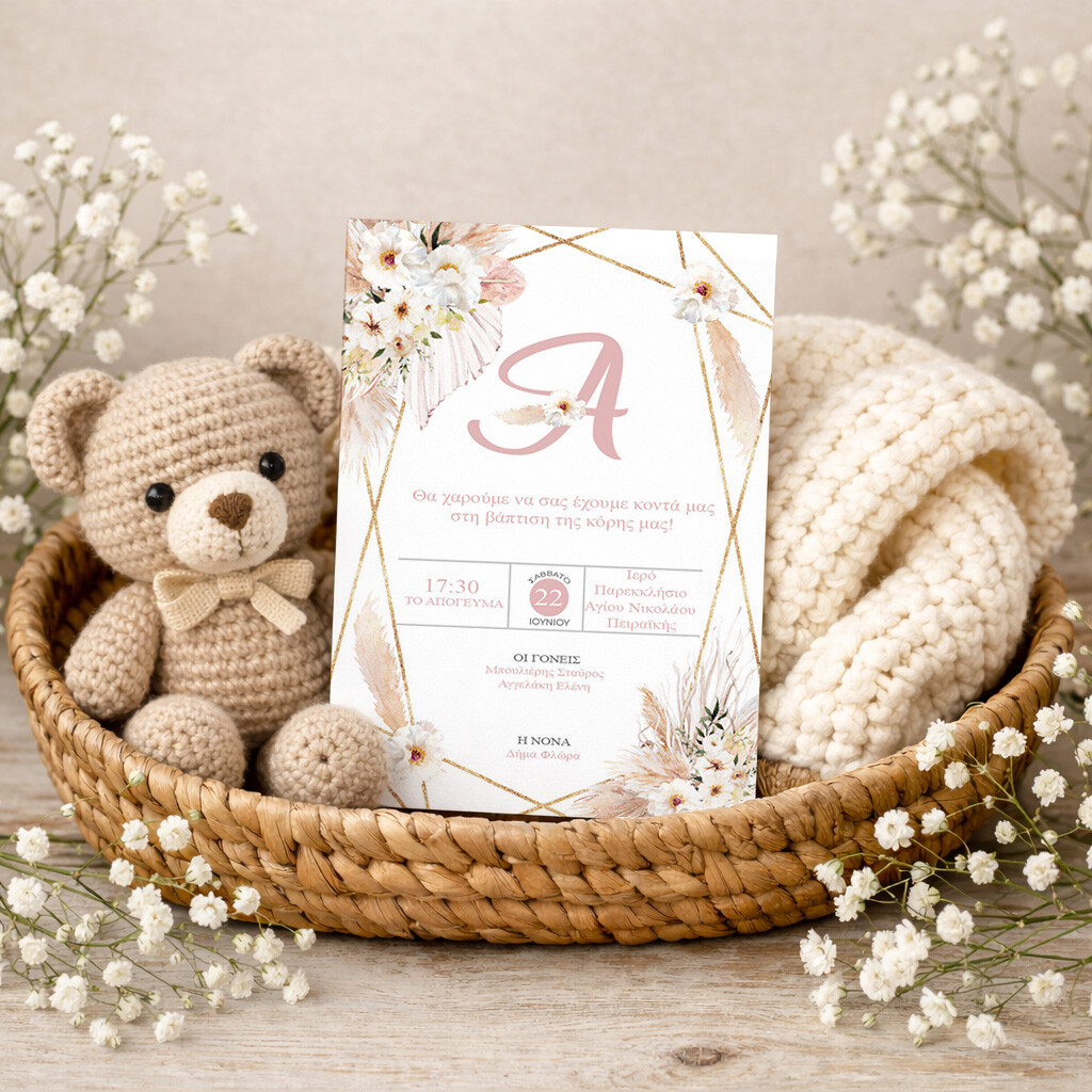 Προσκλητήριο βάπτισης κοριτσιού Boho Λουλούδια