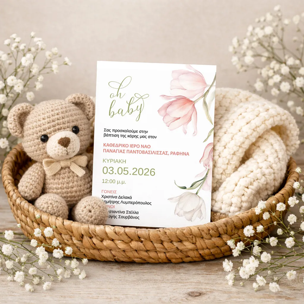 Προσκλητήριο βάπτισης κοριτσιού Τουλίπα ροζ