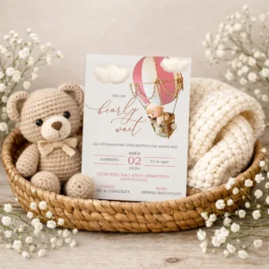 Προσκλητήριο βάπτισης κοριτσιού Αρκουδάκι με αερόστατο ροζ