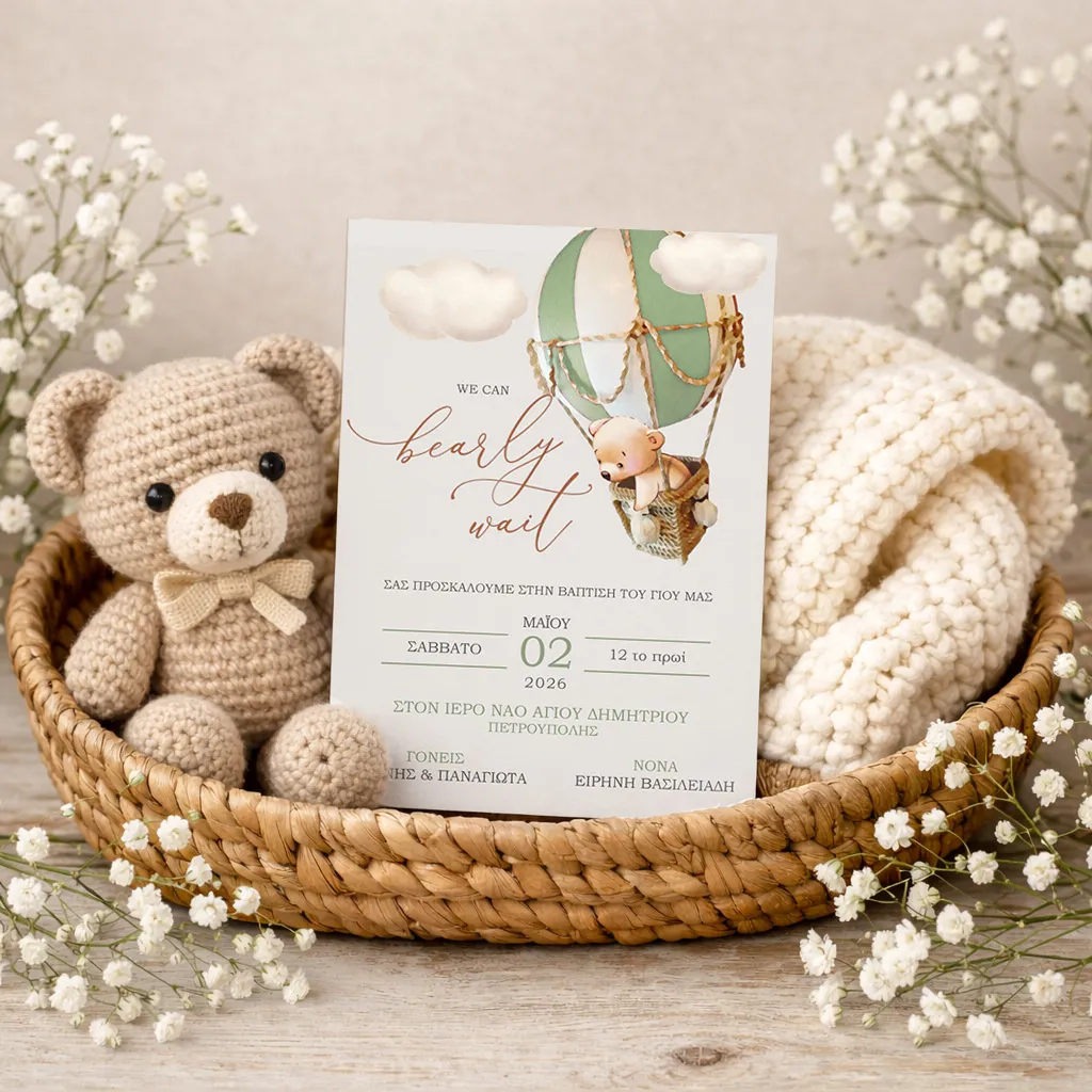 Προσκλητήριο βάπτισης κοριτσιού Αρκουδάκι με αερόστατο πράσινο